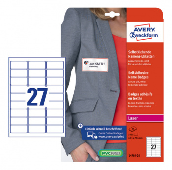 Этикетки Avery Zweckform L4784-20, сегментов 27шт, 63.5x29.6, 120г/м2, 20л., белый