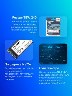 Твердотельный накопитель Patriot P300 512ГБ, M.2 2280, PCIe 3.0 x4, M.2 P300P512GM28