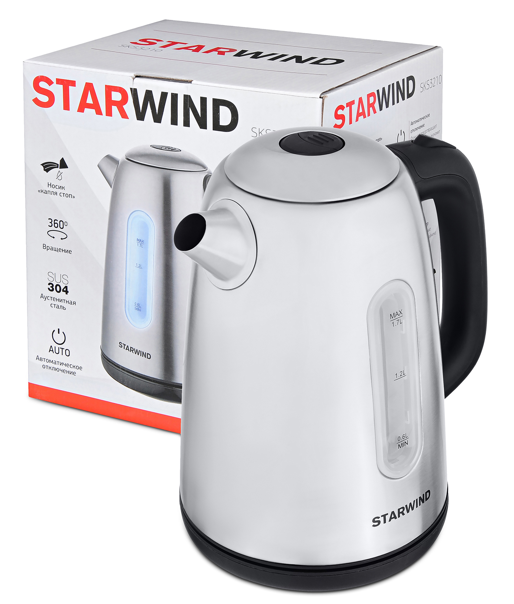 Чайник электрический Starwind SKS3210 серебристый/черный, металл