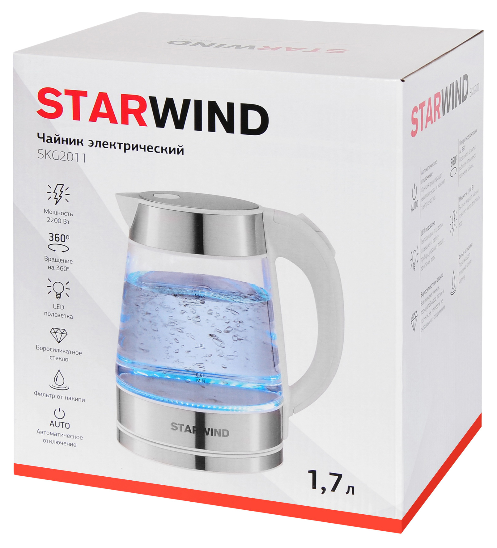 Чайник электрический Starwind SKG2011 белый/серебристый, стекло