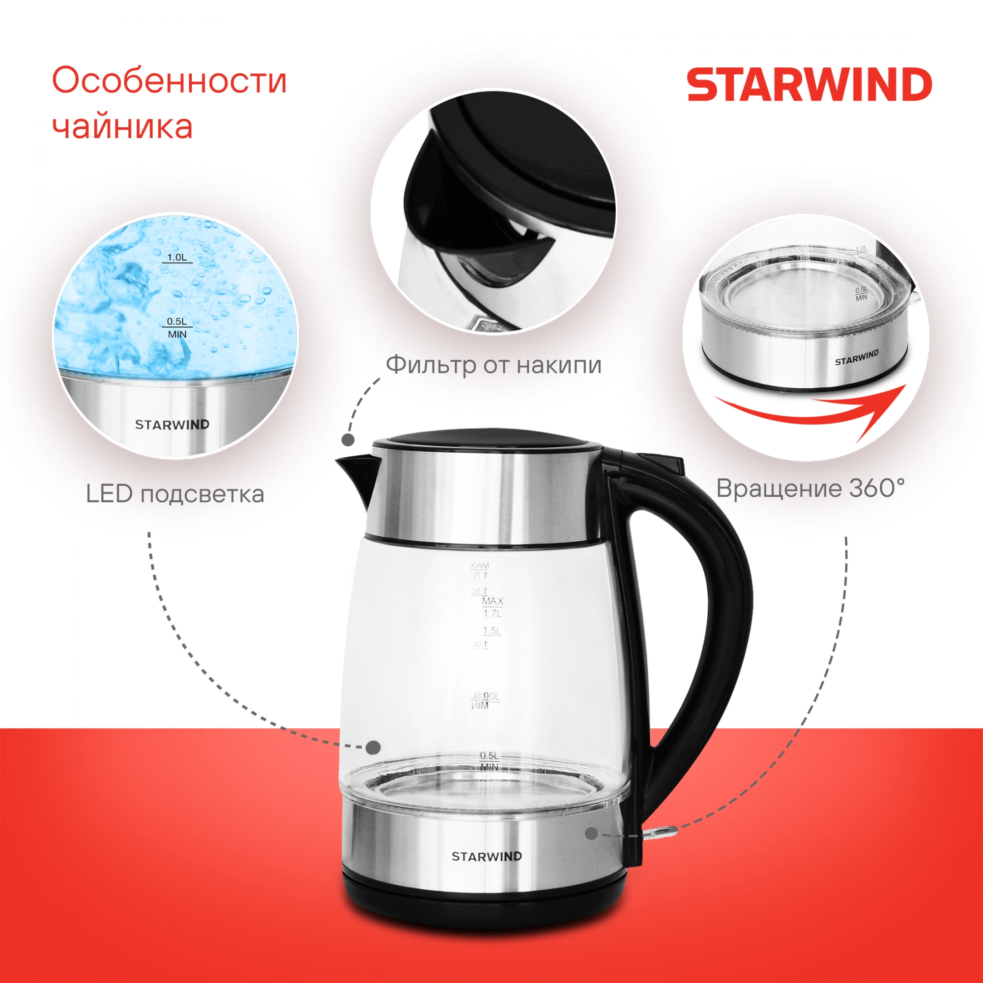 Чайник электрический Starwind SKG3026 черный/серебристый, стекло