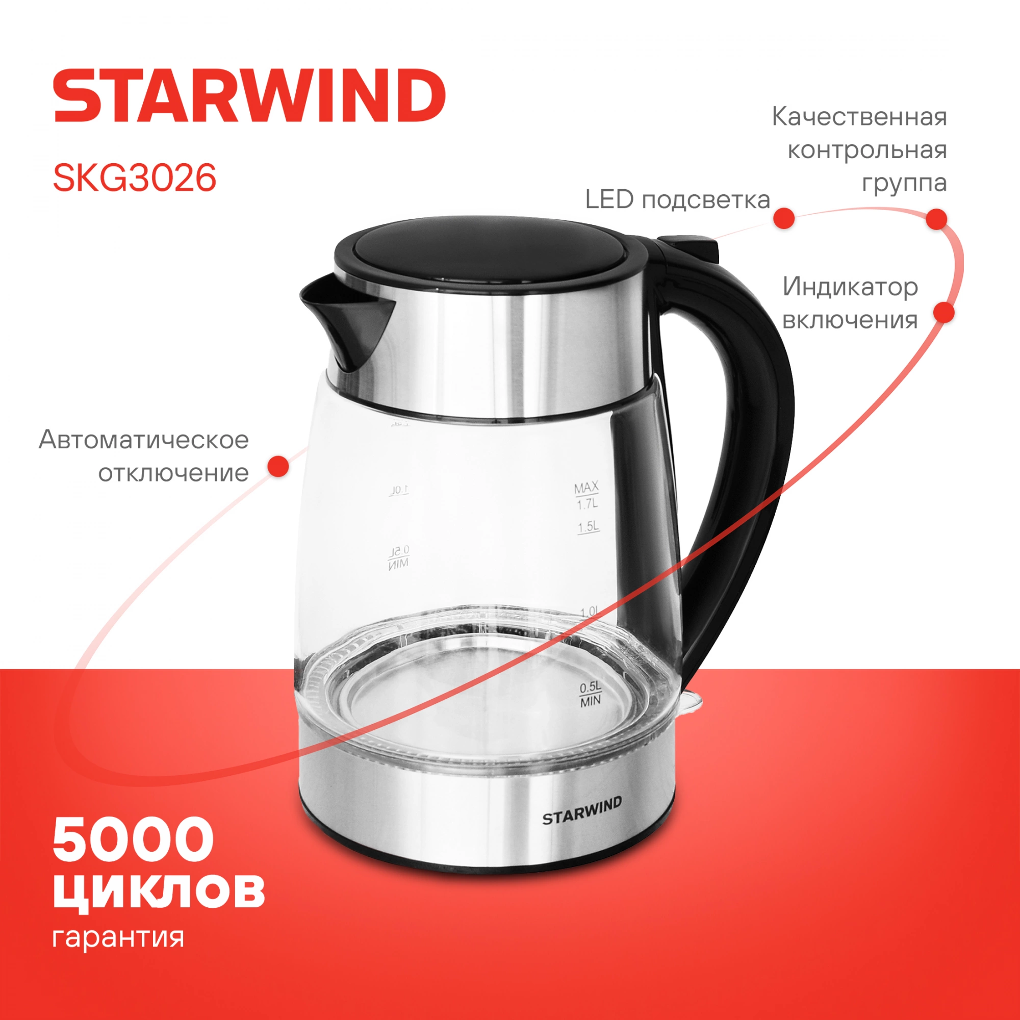 Чайник электрический Starwind SKG3026 черный/серебристый, стекло