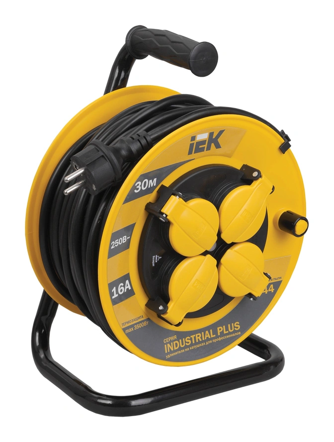 Удлинитель силовой IEK INDUSTRIAL PLUS, 30м, розеток 4шт, ток 16A, желтый (wkp15-16-04-30-44)