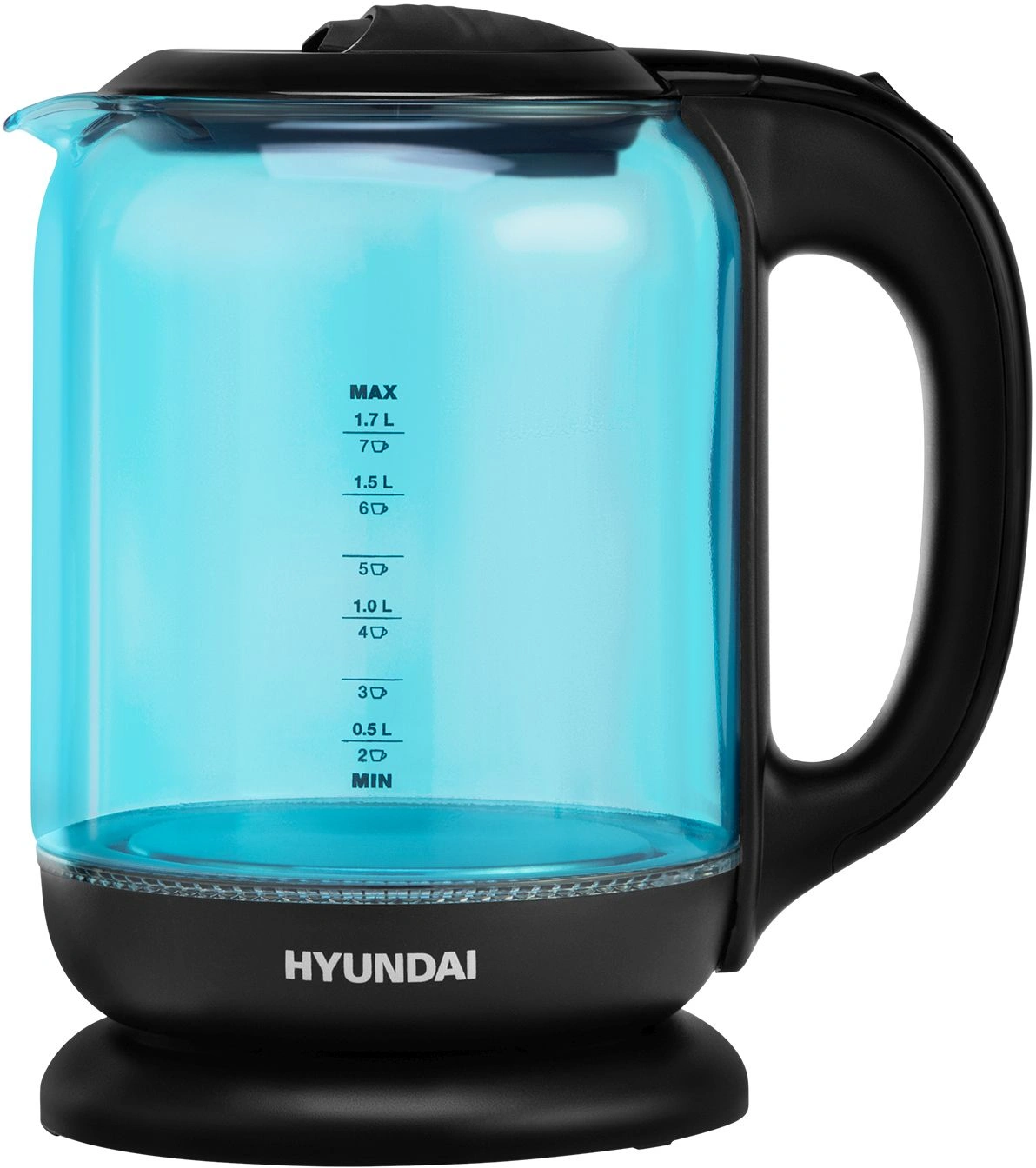 Чайник электрический Hyundai HYK-G2806 голубой/черный, стекло
