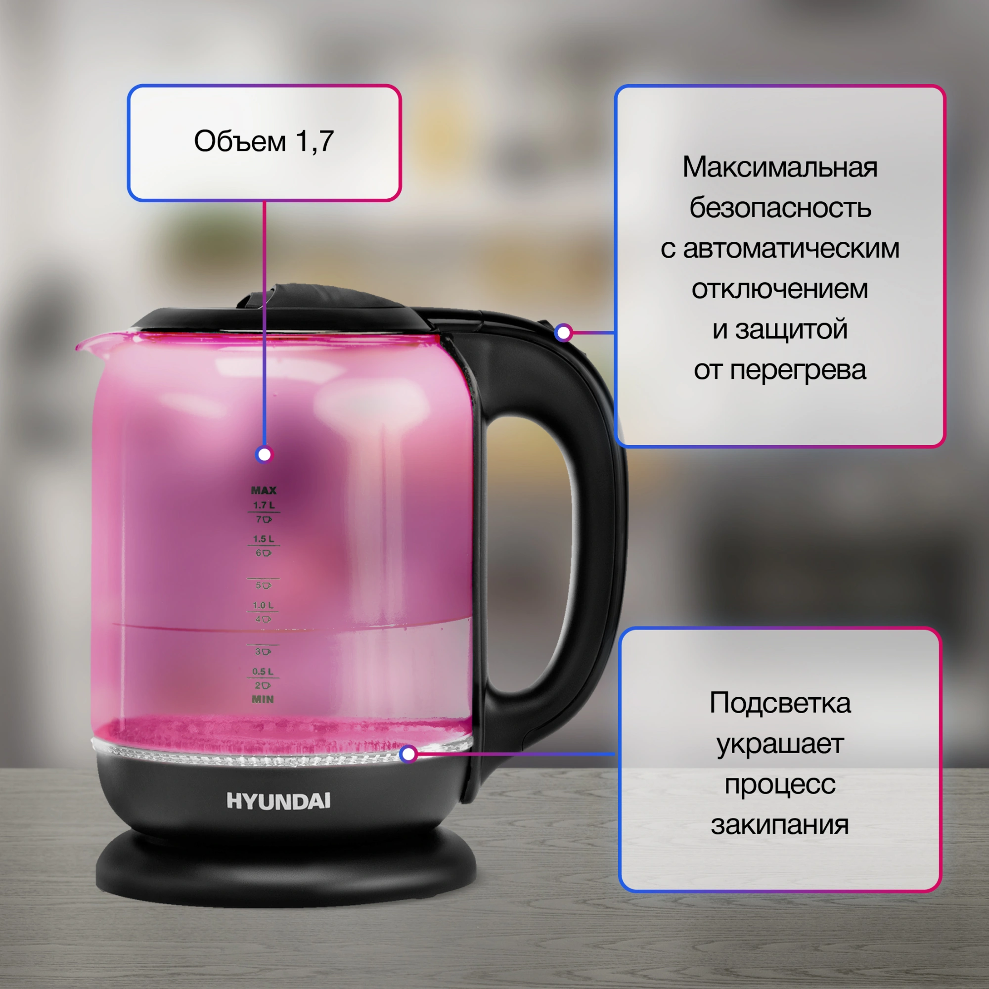 Чайник электрический Hyundai HYK-G4808 малиновый/черный, стекло
