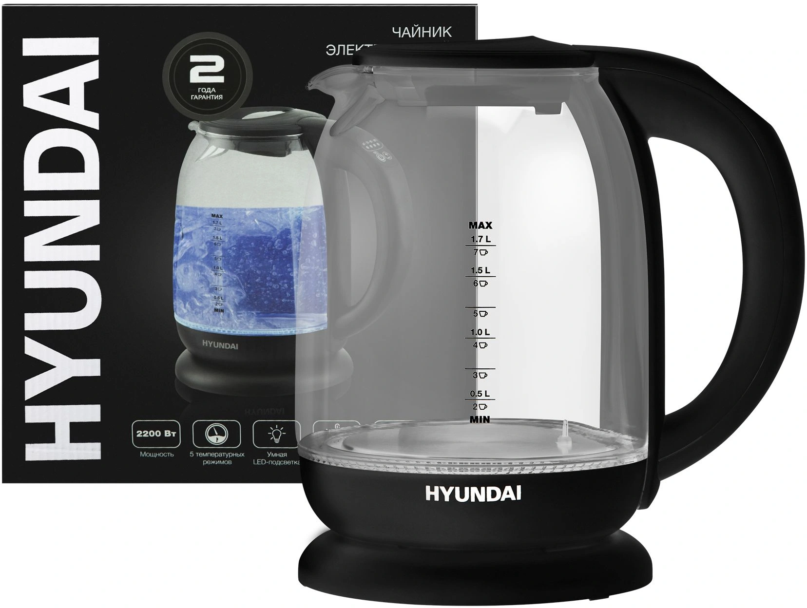 Чайник электрический Hyundai HYK-S3809 черный, стекло