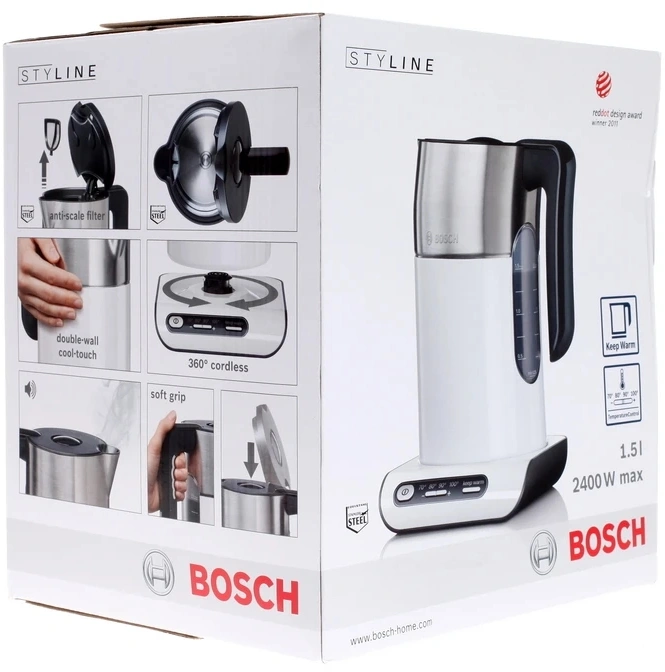 Чайник электрический Bosch TWK8611P белый/серебристый, пластик