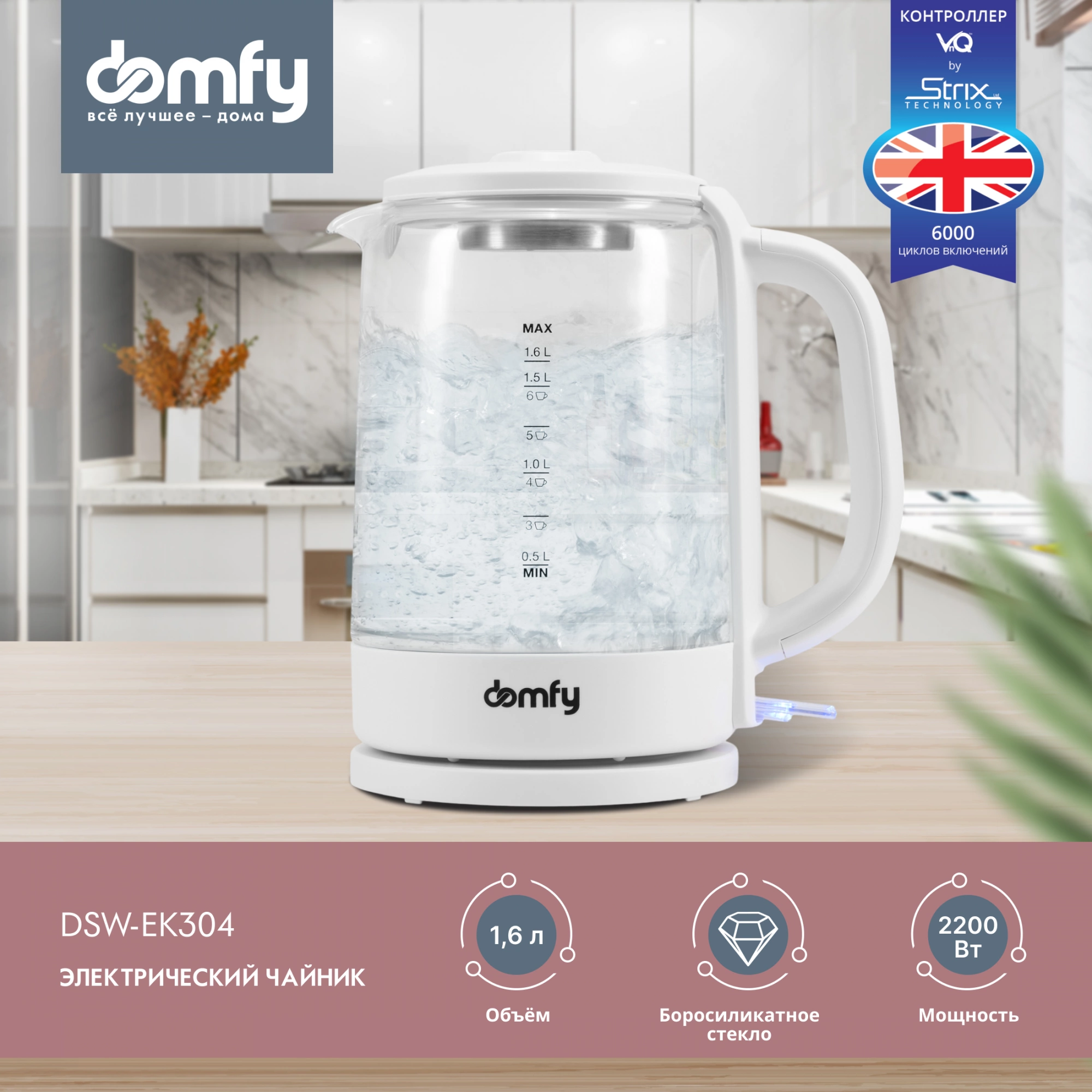 Чайник электрический Domfy DSW-EK304 белый, стекло