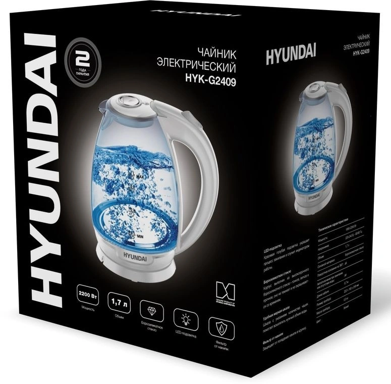 Чайник электрический Hyundai HYK-G2409 белый/серебристый, стекло