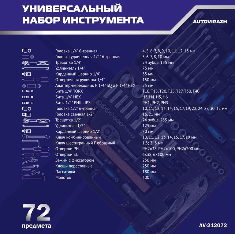 Набор инструментов Autovirazh AV-212072, 72 предмета