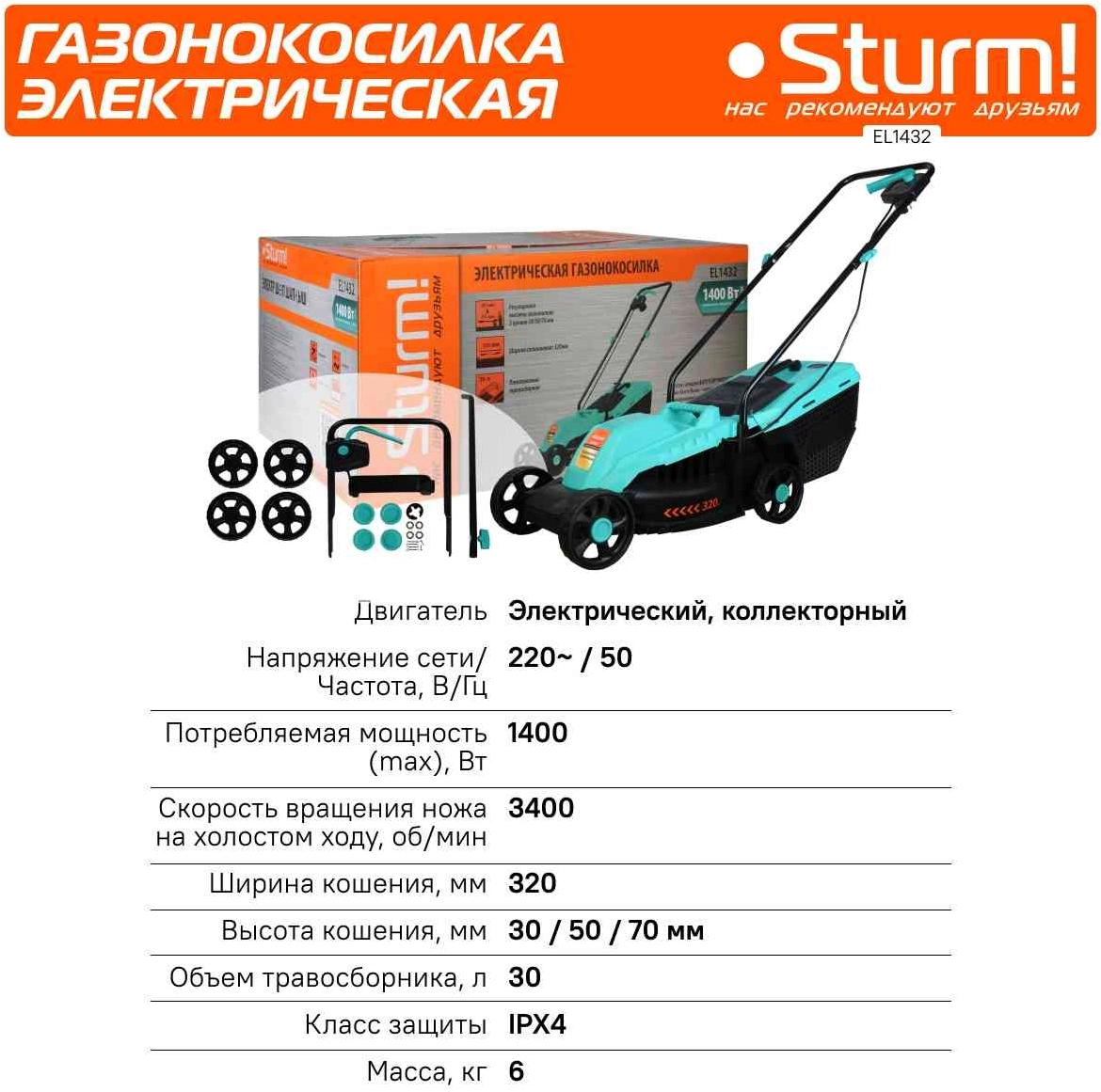 Газонокосилка роторная Sturm! EL1432