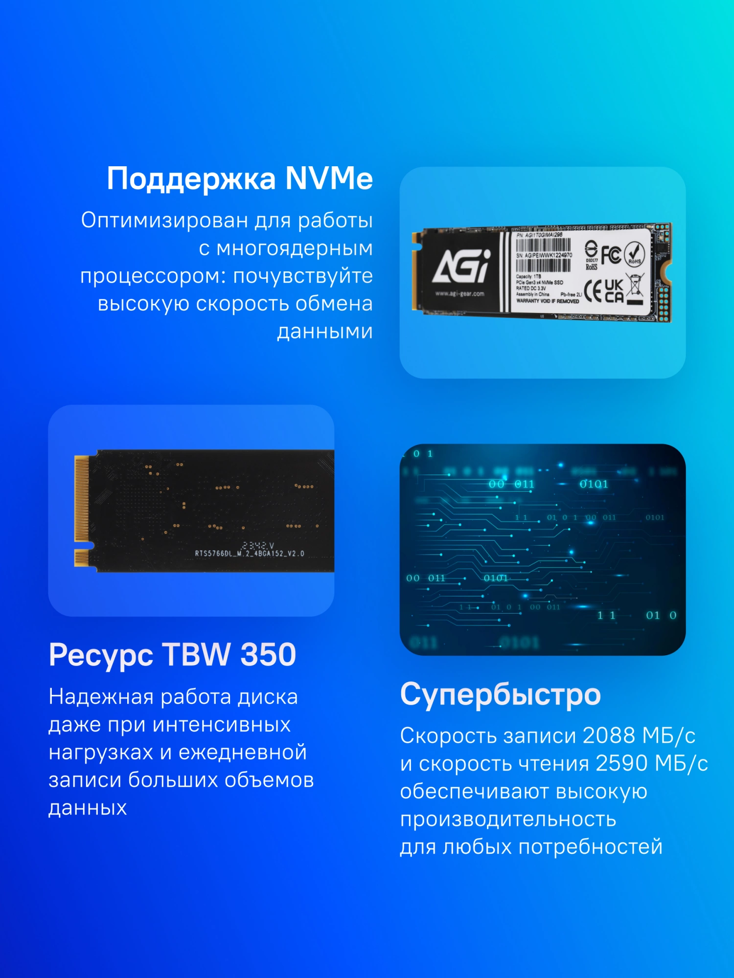 Твердотельный накопитель AGi AI298 1024ГБ, M.2 2280, PCIe 3.0 x4, M.2 AGI1T0GIMAI298-CB