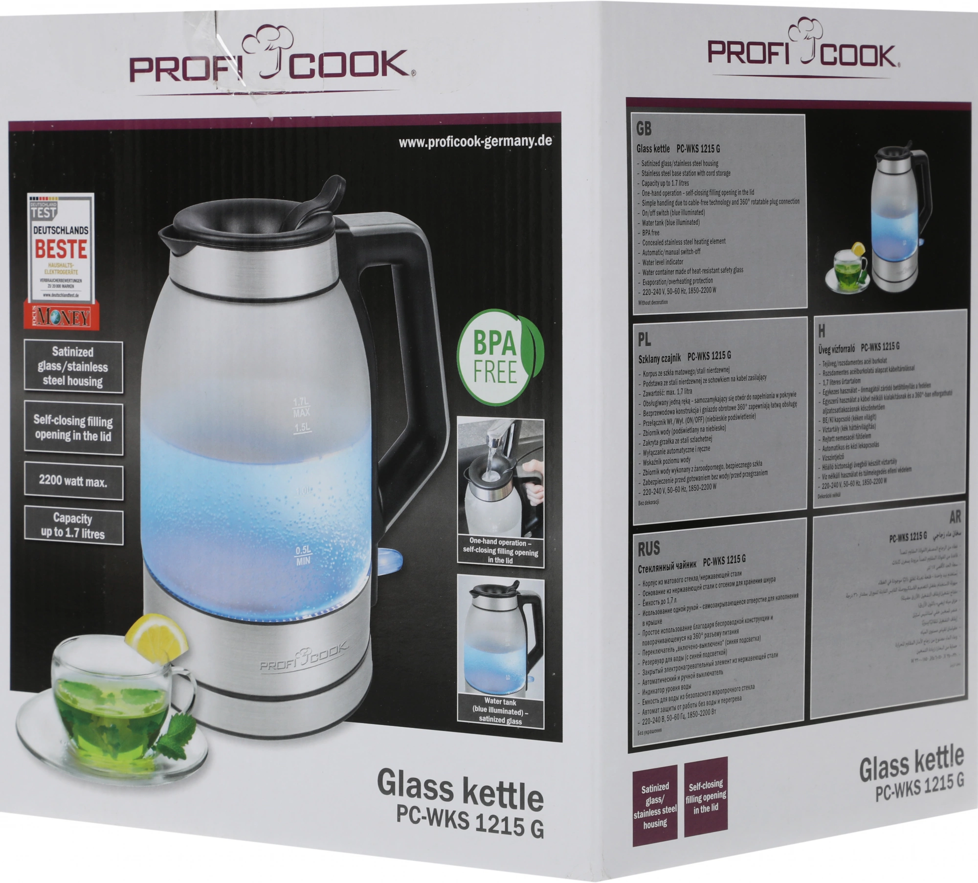 Чайник электрический Profi Cook PC-WKS 1215 G нержавеющая сталь, стекло