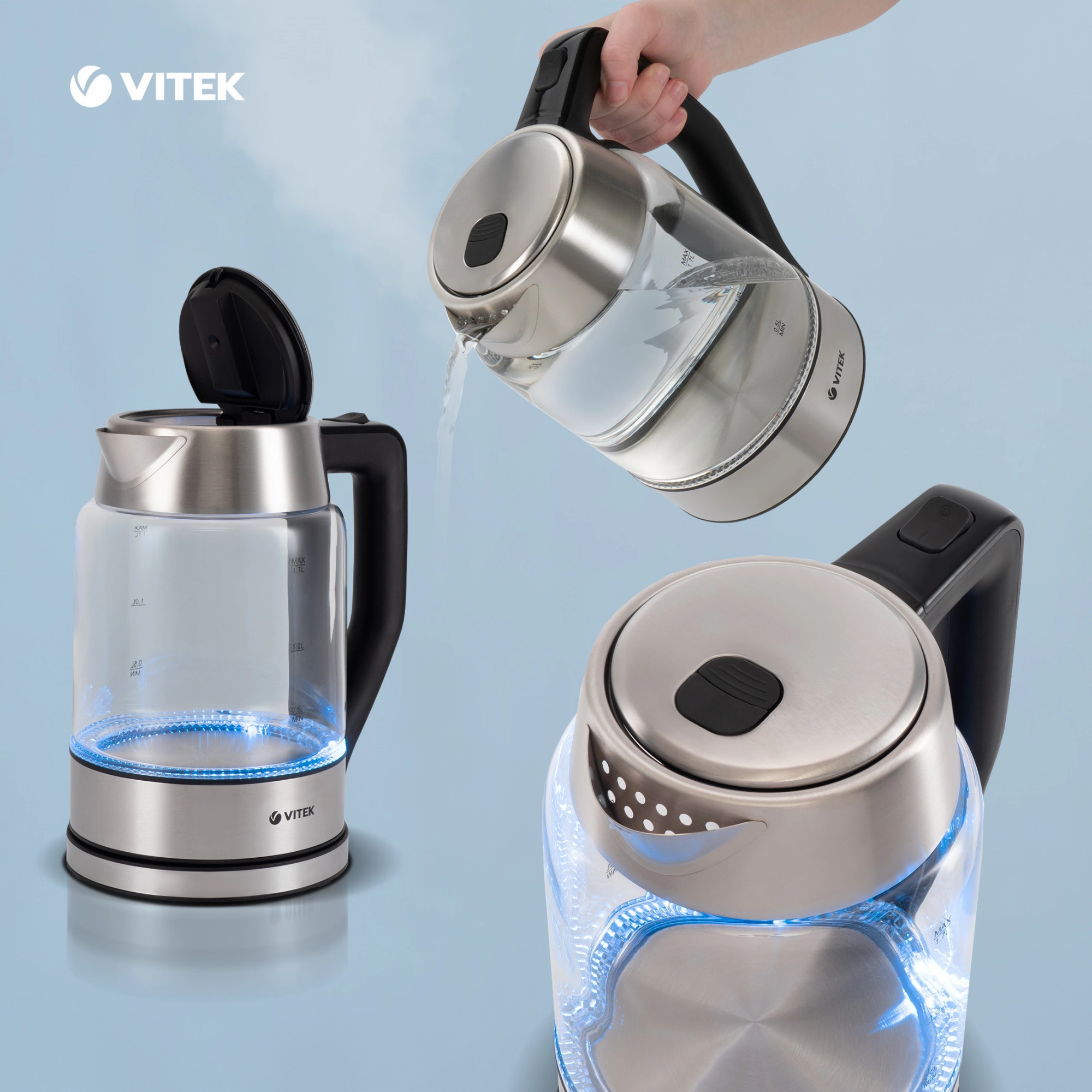 Чайник электрический Vitek VT-7043 прозрачный/черный, стекло