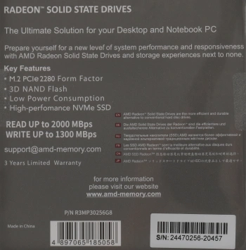 Твердотельный накопитель AMD Radeon 256ГБ, M.2 2280, PCIe 3.0 x4, M.2 R3MP30256G8