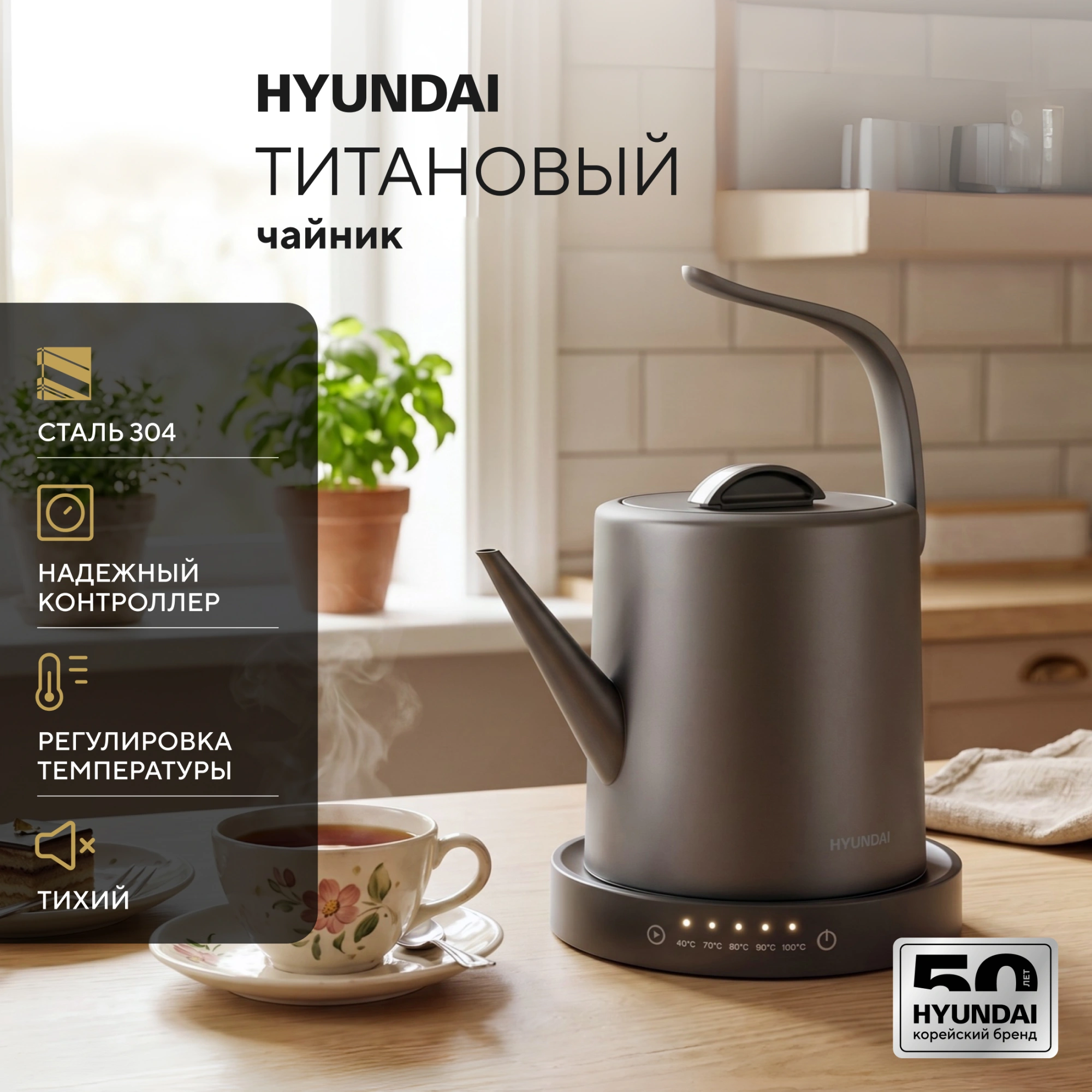 Чайник электрический Hyundai HYK-S5503 титан/титановый, металл