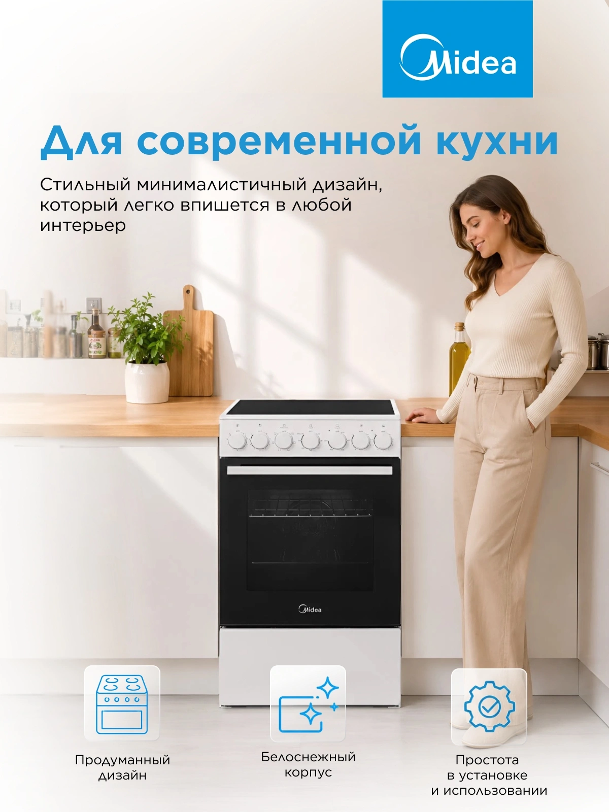 Плита электрическая Midea MFO-M4E20T6E(WH), стеклокерамика, белый/черный
