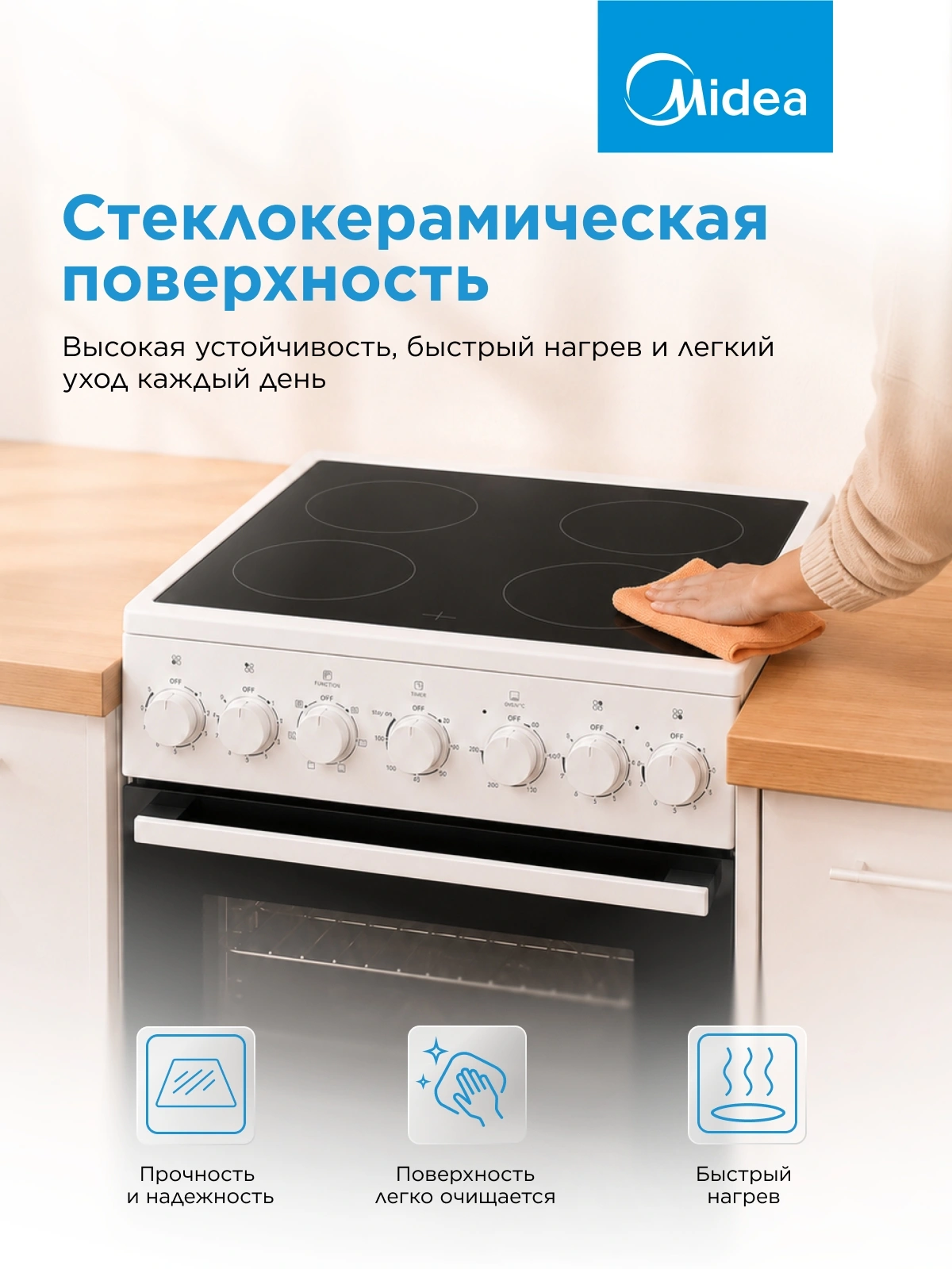 Плита электрическая Midea MFO-M4E20T6E(WH), стеклокерамика, белый/черный