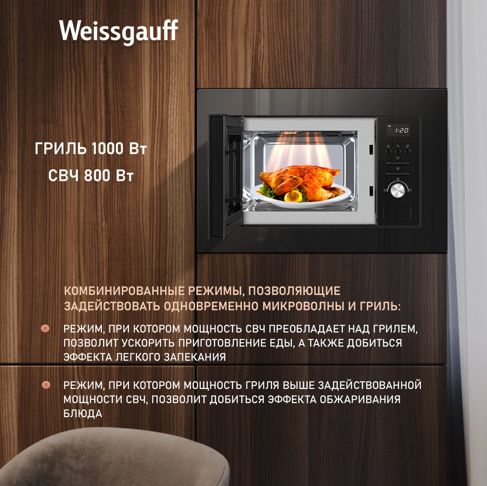 Встраиваемая микроволновая печь Weissgauff BMWO-206 черный (437403)