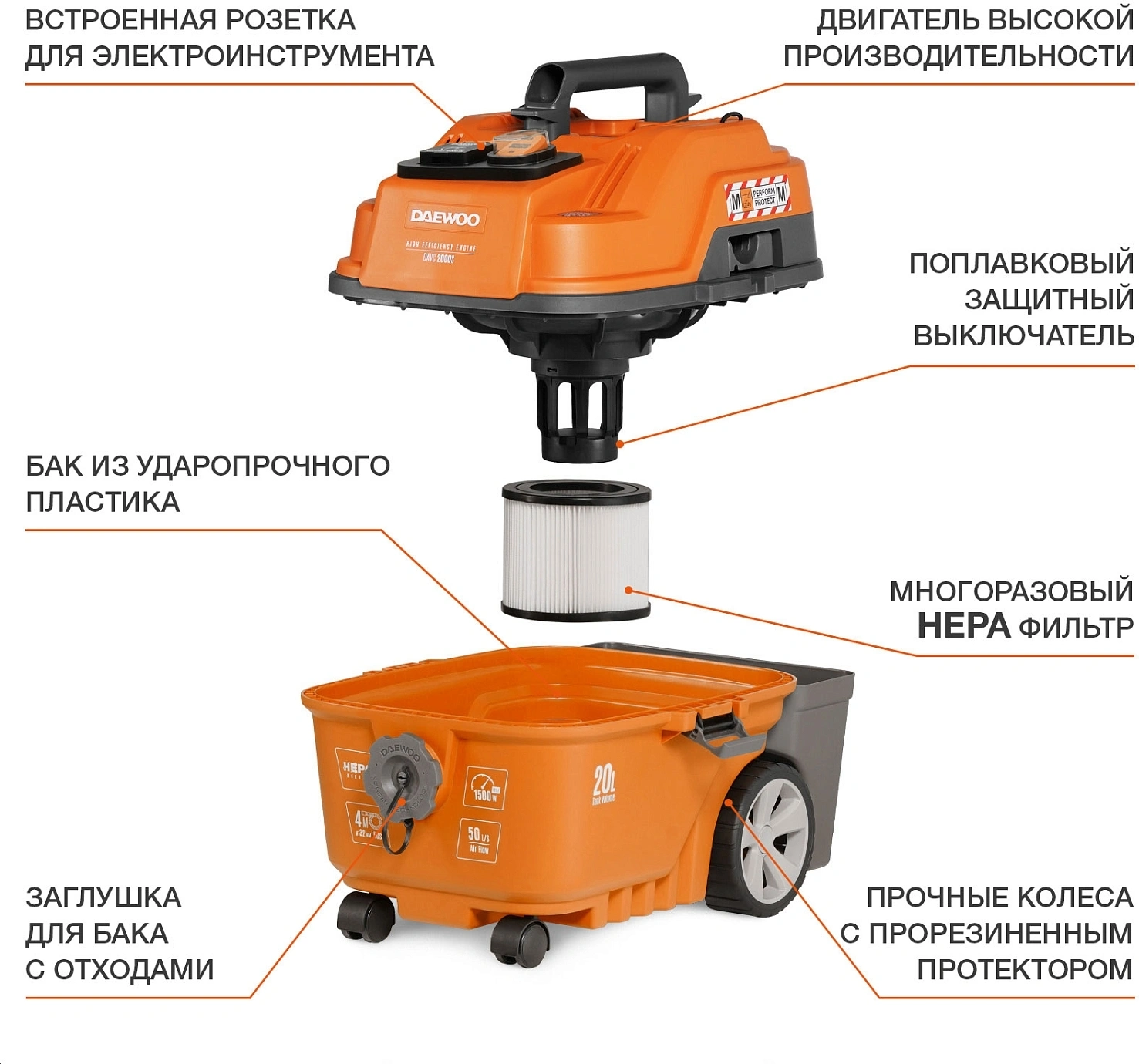 Строительный пылесос Daewoo DAVC 2000S оранжевый