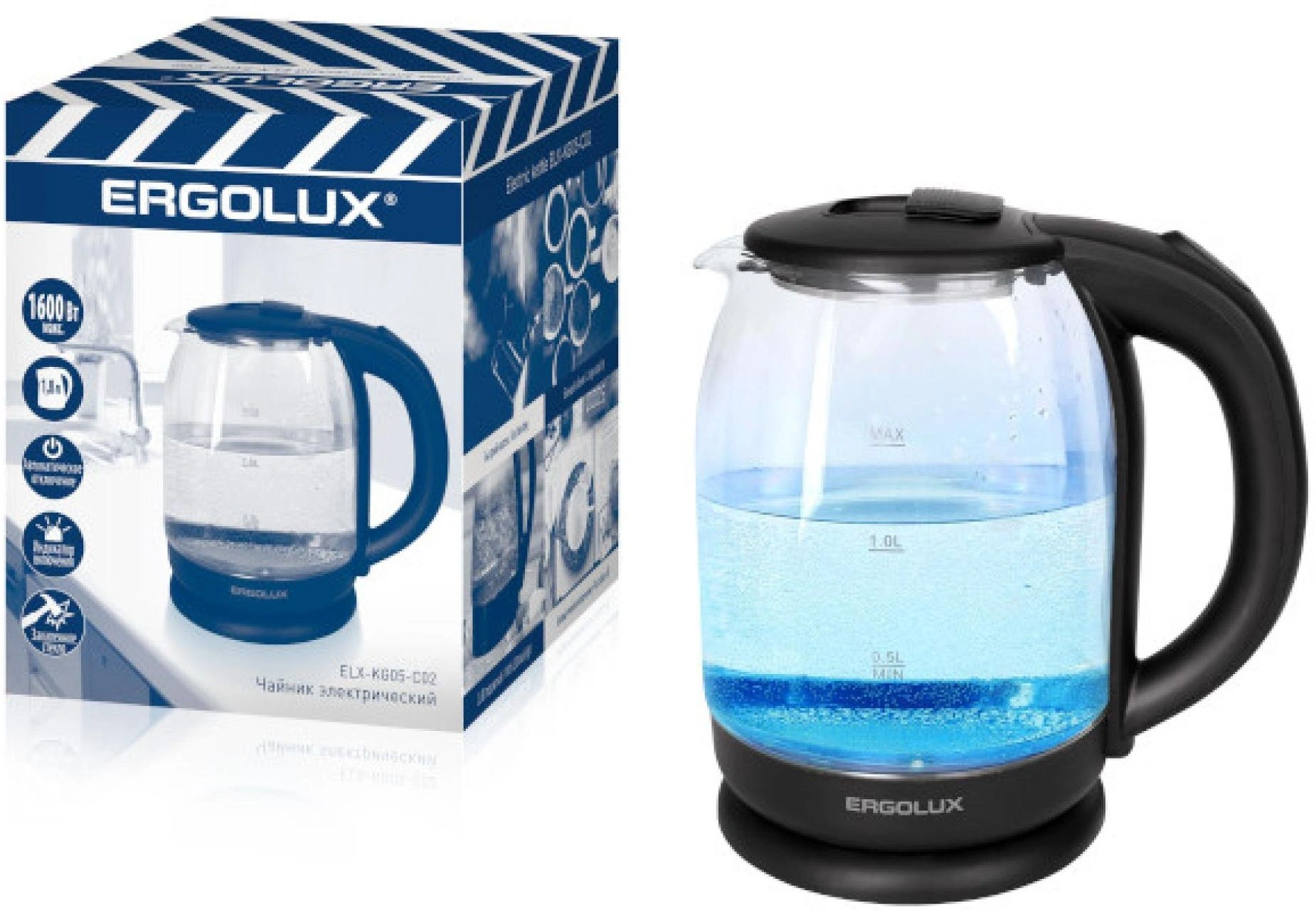 Чайник электрический Ergolux ELX-KG05-C02 черный, стекло