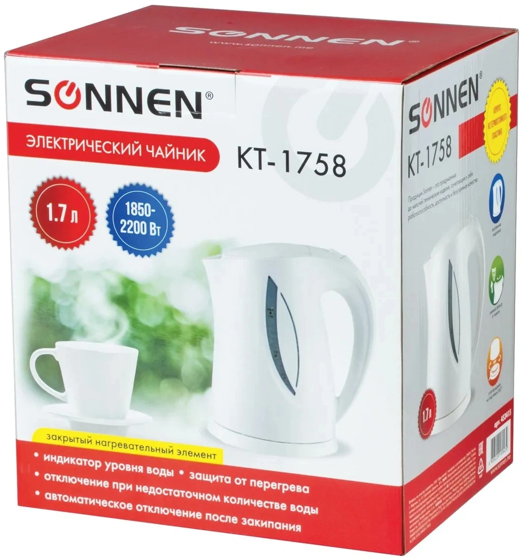 Чайник электрический Sonnen 1758 белый, пластик (453415)