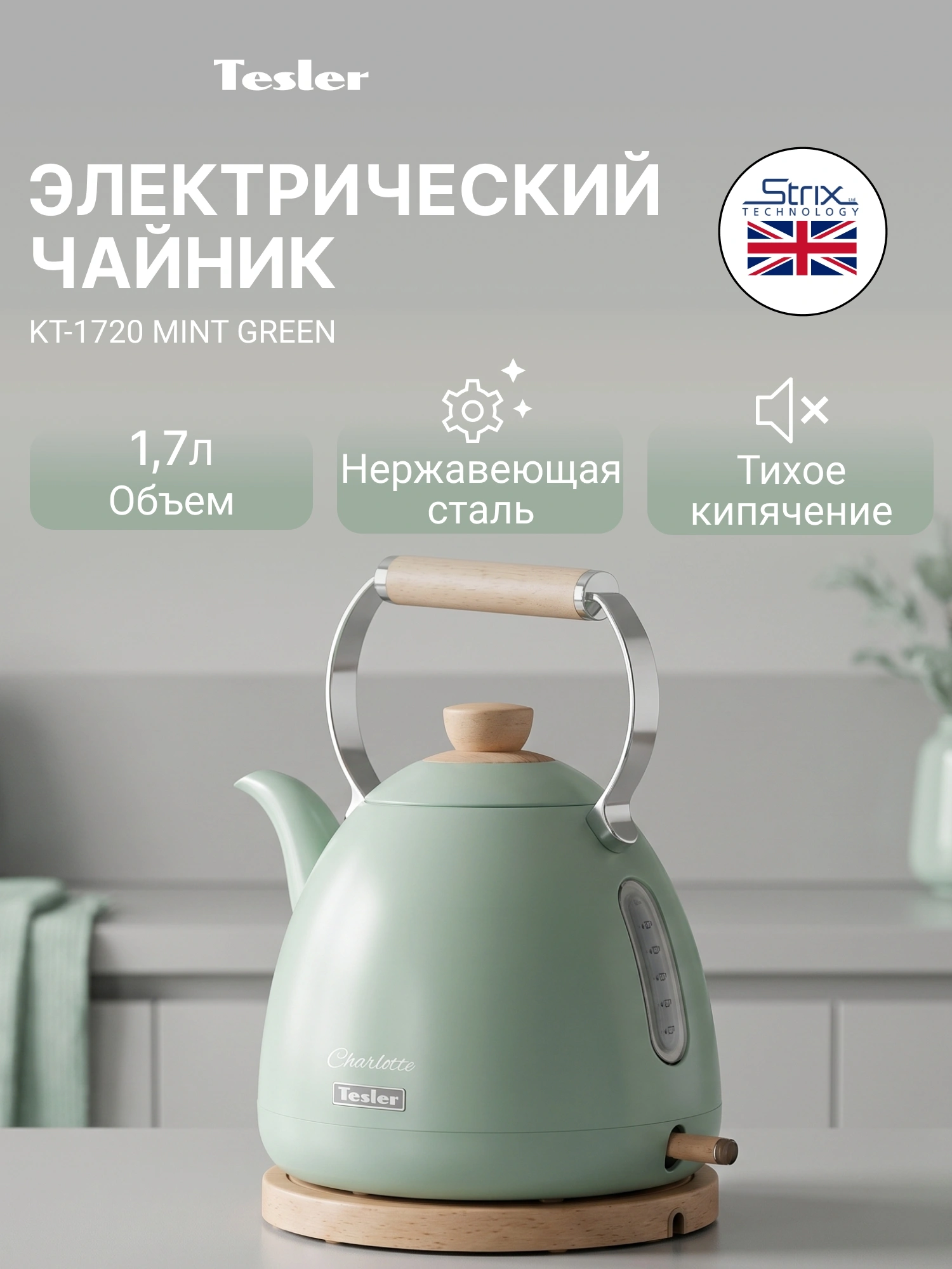 Чайник электрический Tesler KT-1720 мятный, нержавеющая сталь